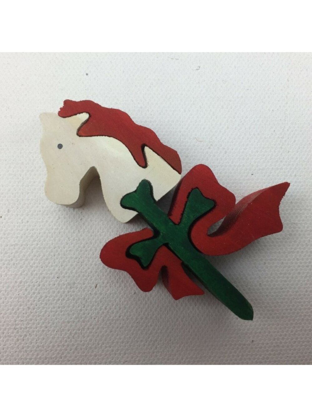 Christmas Decor Wooden Puzzle 5 Piece White Stick Horse Red Mane Bow Green